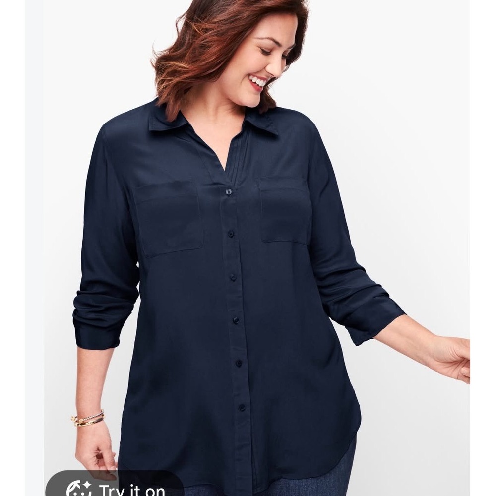 Talbots Blouse Washable Silk Women's Plus Size 3x Navy Blue Button Up Shirt